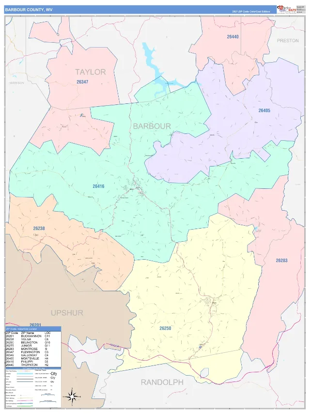 Barbour County, WV ZIP Code Wall Map, ColorCast style