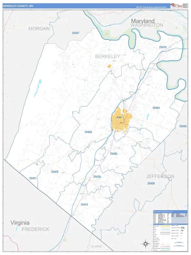 Berkeley County, WV ZIP Code Wall Map, Business Reference style