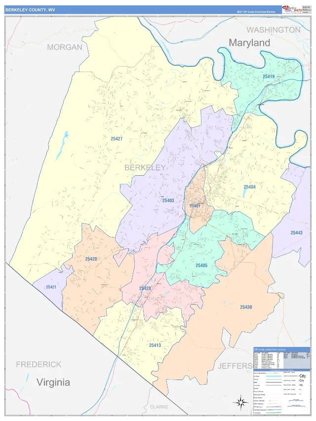 Berkeley County, WV ZIP Code Wall Map, ColorCast style
