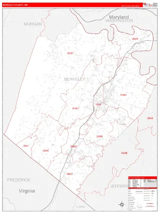 Berkeley County, WV RedLine style ZIP Code wall map