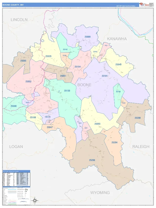 Boone County, WV ZIP Code Wall Map, ColorCast style