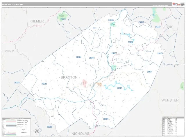 Braxton County, WV ZIP Code Wall Map, Classic style