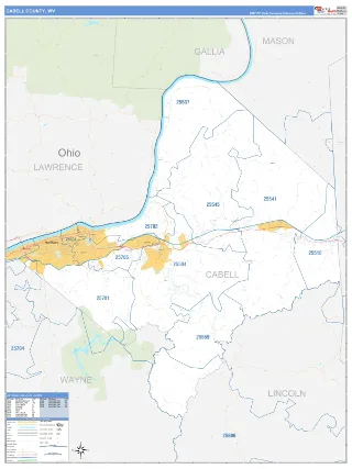 Cabell County, WV Business Reference style ZIP Code wall map