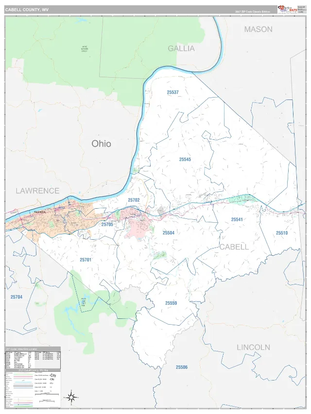 Cabell County, WV ZIP Code Wall Map, Classic style