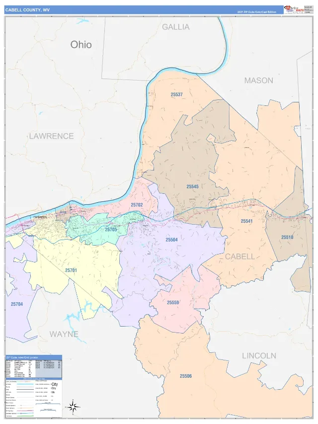 Cabell County, WV ZIP Code Wall Map, ColorCast style