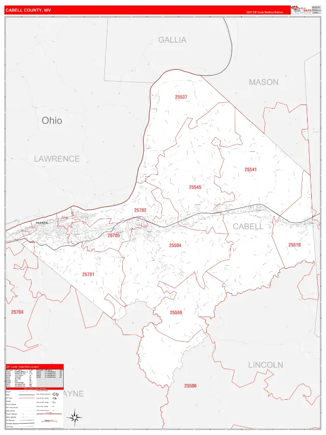 Cabell County, WV ZIP Code Wall Map, RedLine style