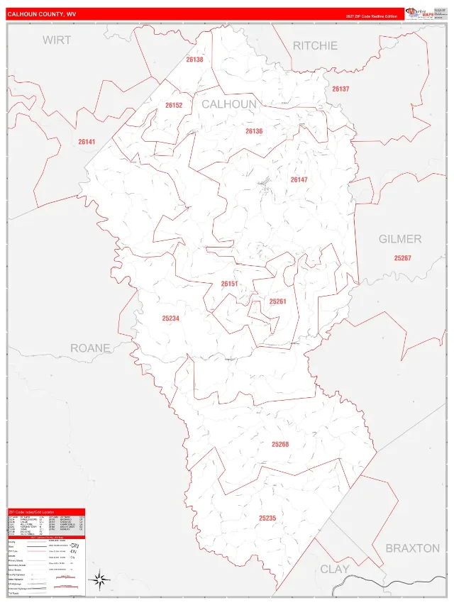 Calhoun County, WV ZIP Code Wall Map, RedLine style