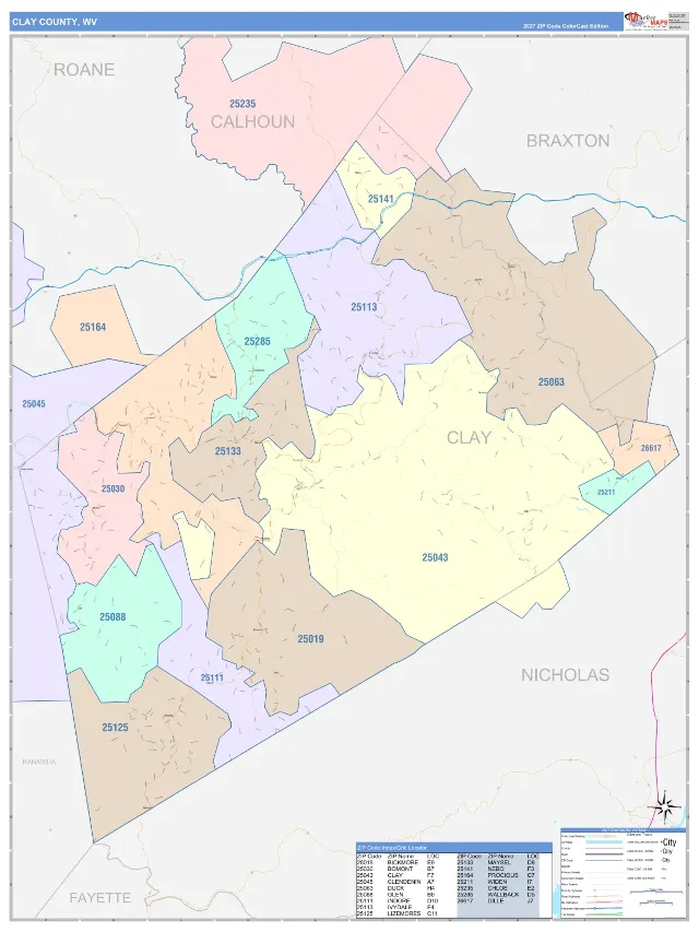 Clay County, WV ZIP Code Wall Map, ColorCast style