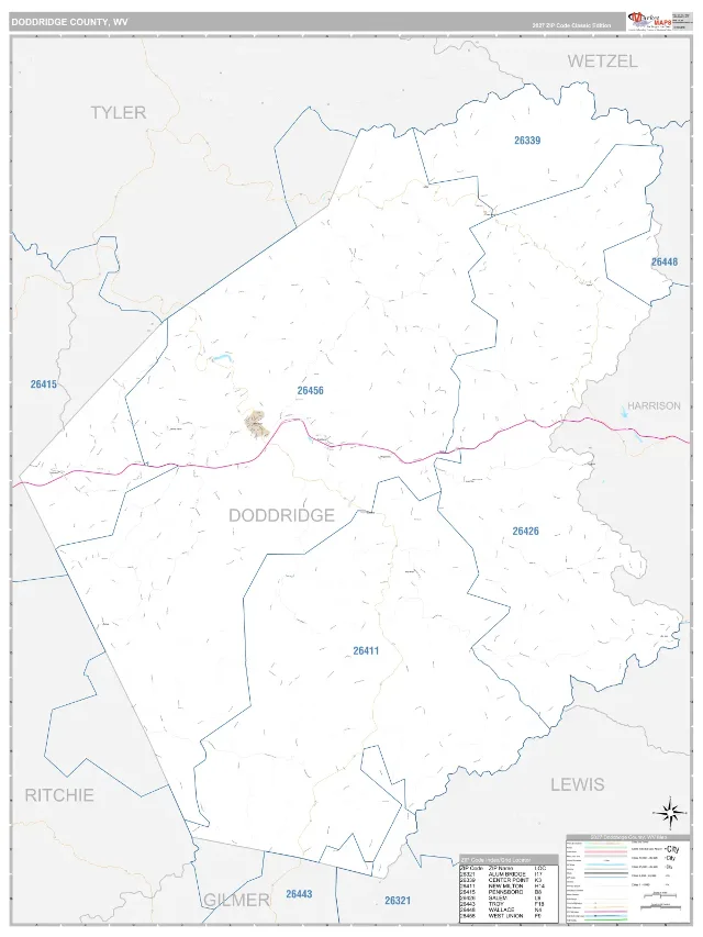 Doddridge County, WV ZIP Code Wall Map, Classic style