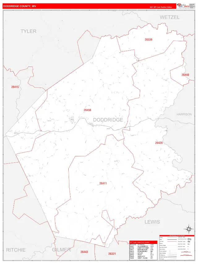 Doddridge County, WV ZIP Code Wall Map, RedLine style