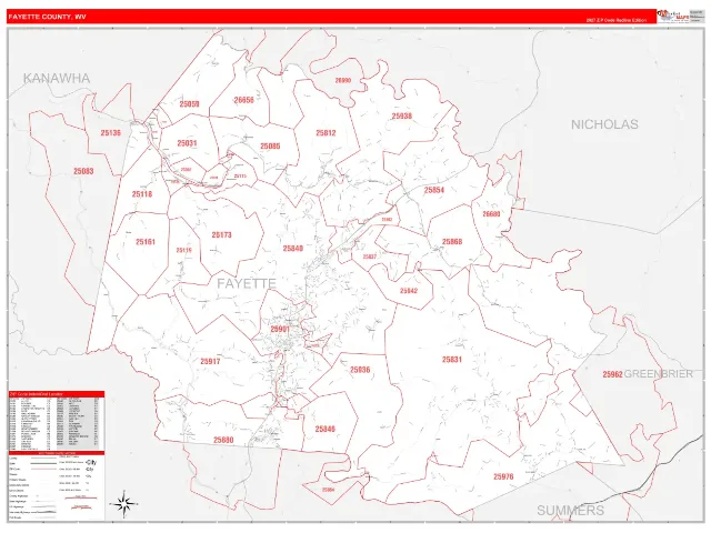 Fayette County, WV ZIP Code Wall Map, RedLine style