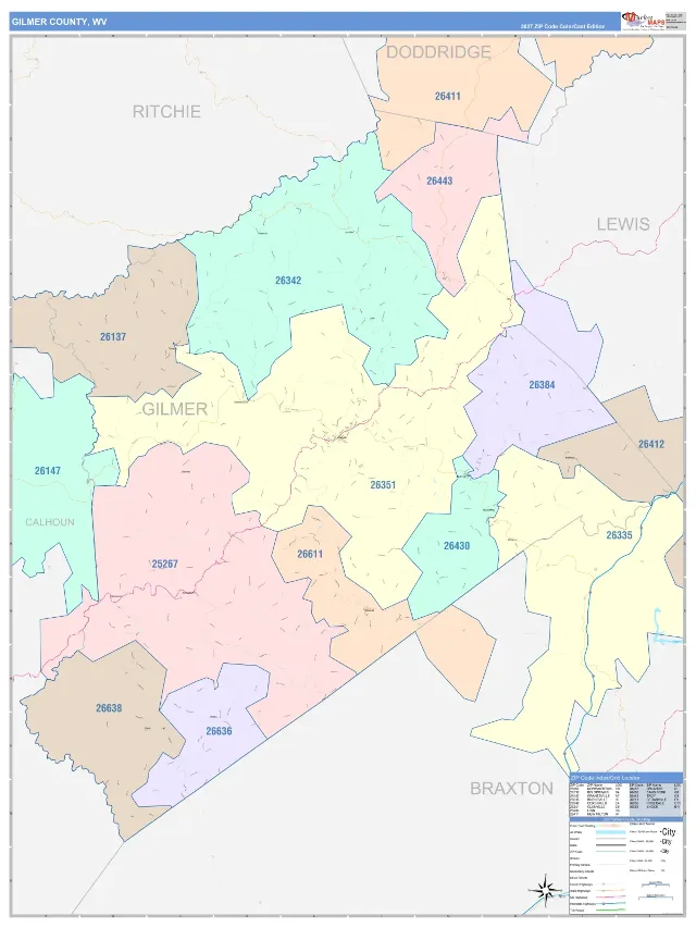 Gilmer County, WV ZIP Code Wall Map, ColorCast style