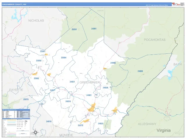 Greenbrier County, WV ZIP Code Wall Map, Business Reference style