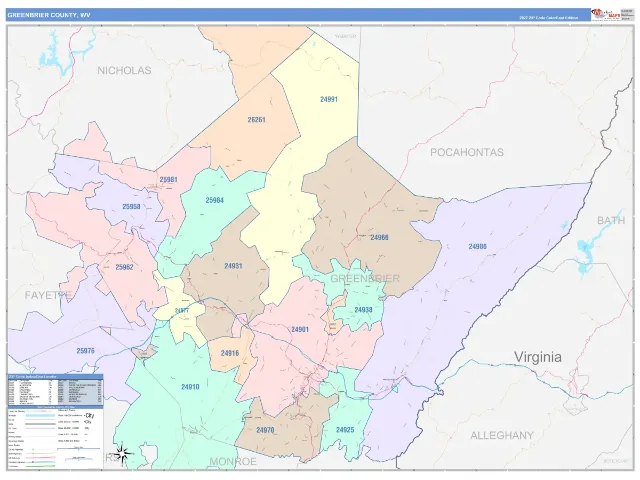 Greenbrier County, WV ZIP Code Wall Map, ColorCast style