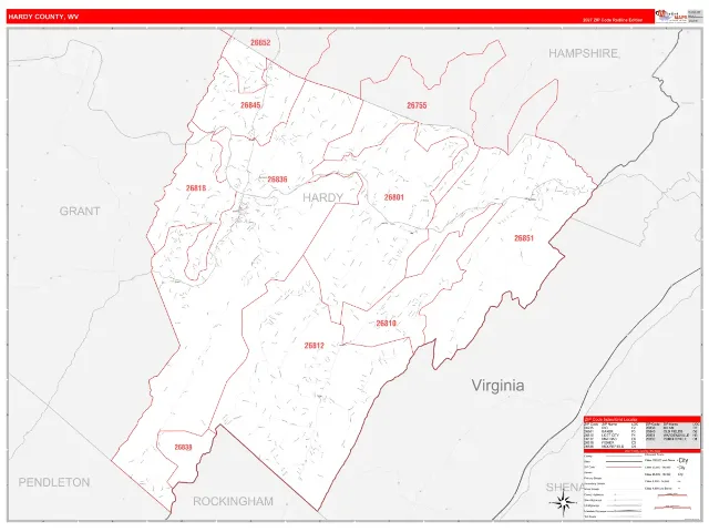 Hardy County, WV ZIP Code Wall Map, RedLine style