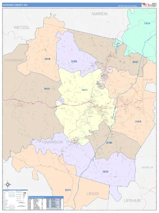 Harrison County, WV ColorCast style ZIP Code wall map