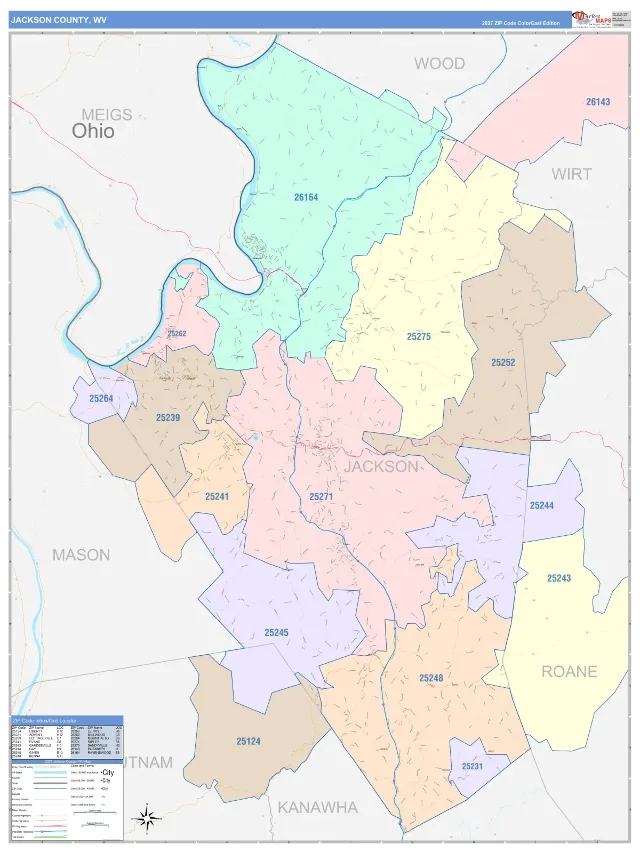 Jackson County, WV ZIP Code Wall Map, ColorCast style