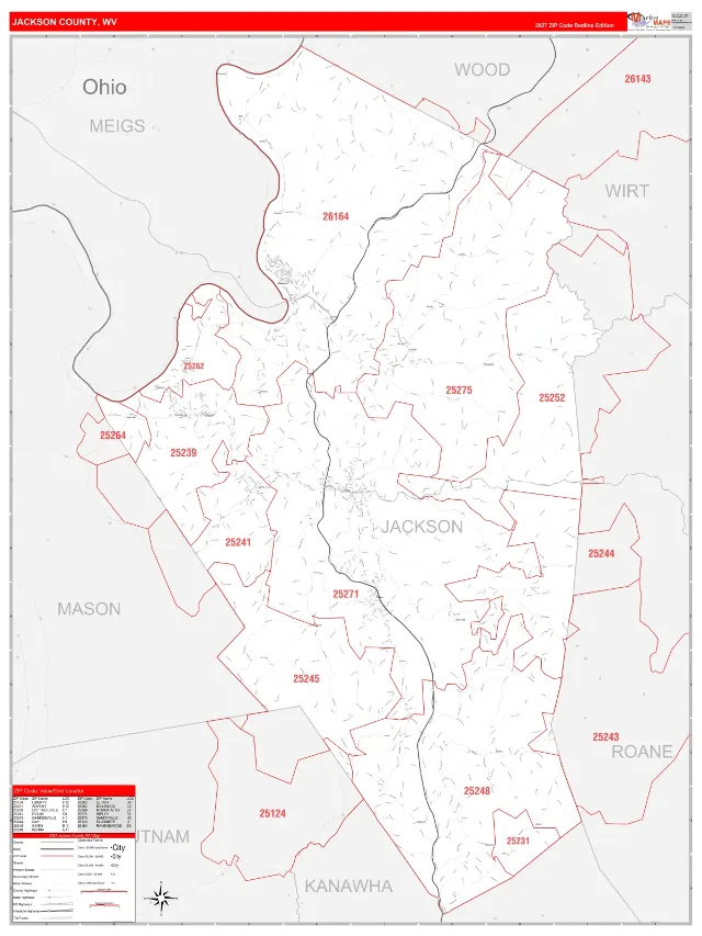 Jackson County, WV ZIP Code Wall Map, RedLine style