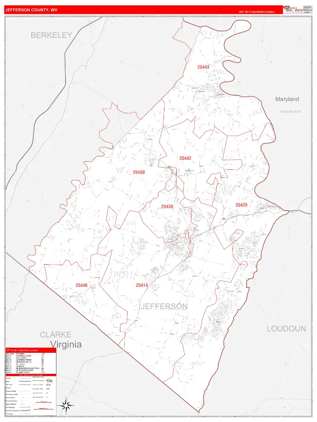 Jefferson County, WV ZIP Code Wall Map, RedLine style