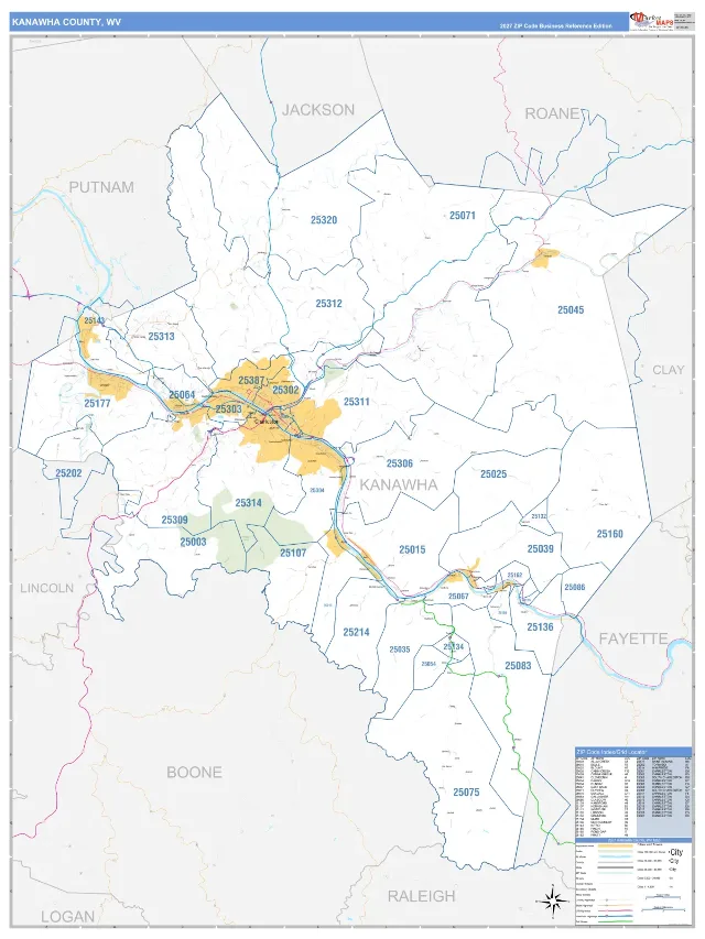 Kanawha County, WV ZIP Code Wall Map, Business Reference style