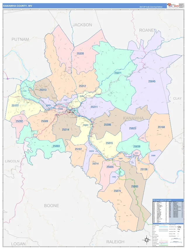 Kanawha County, WV ZIP Code Wall Map, ColorCast style