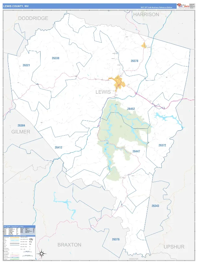 Lewis County, WV ZIP Code Wall Map, Business Reference style