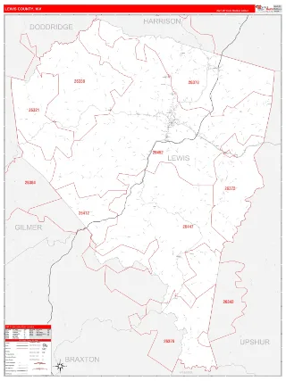 Lewis County, WV RedLine style ZIP Code wall map