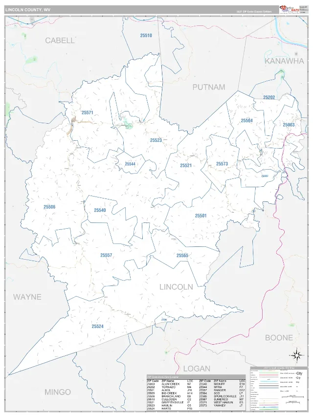 Lincoln County, WV ZIP Code Wall Map, Classic style