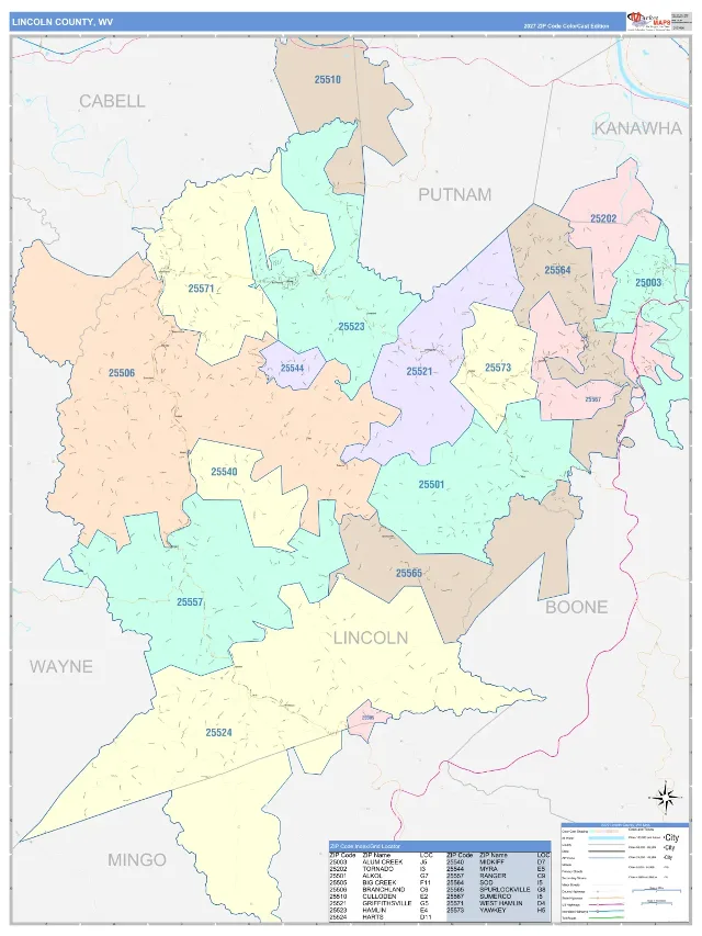 Lincoln County, WV ZIP Code Wall Map, ColorCast style