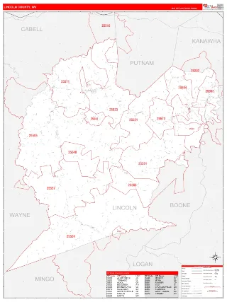 Lincoln County, WV RedLine style ZIP Code wall map