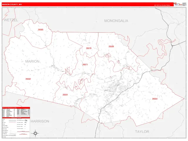 Marion County, WV ZIP Code Wall Map, RedLine style