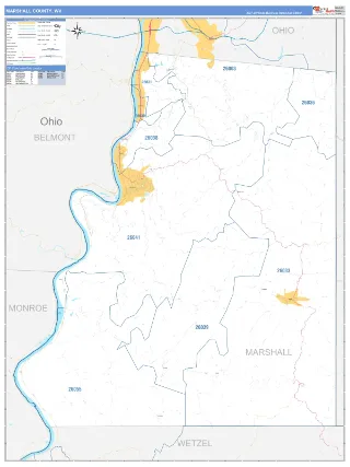 Marshall County, WV Business Reference style ZIP Code wall map