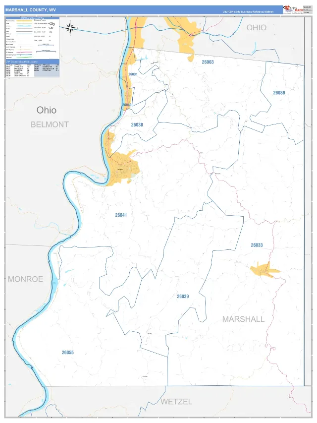 Marshall County, WV ZIP Code Wall Map, Business Reference style