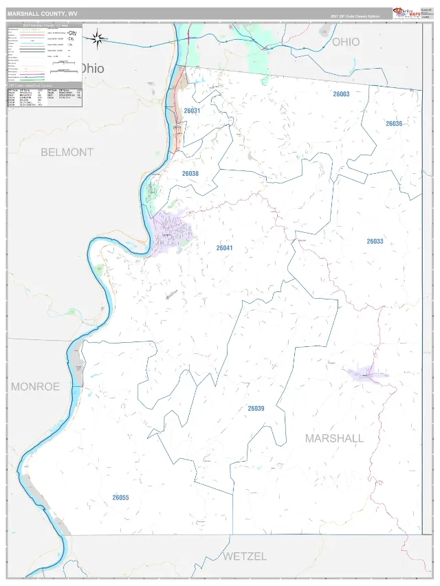 Marshall County, WV ZIP Code Wall Map, Classic style