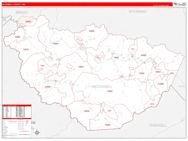 McDowell County, WV ZIP Code Wall Map, RedLine style