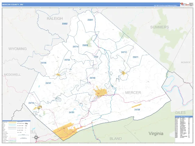 Mercer County, WV ZIP Code Wall Map, Business Reference style
