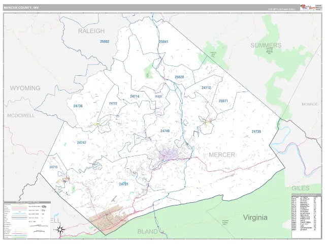Mercer County, WV ZIP Code Wall Map, Classic style