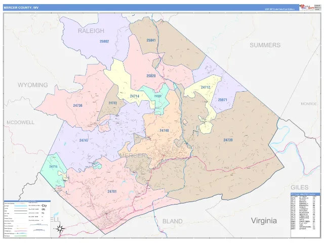 Mercer County, WV ZIP Code Wall Map, ColorCast style