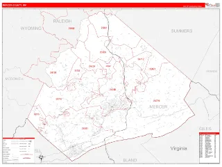 Mercer County, WV RedLine style ZIP Code wall map