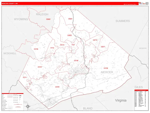 Mercer County, WV ZIP Code Wall Map, RedLine style