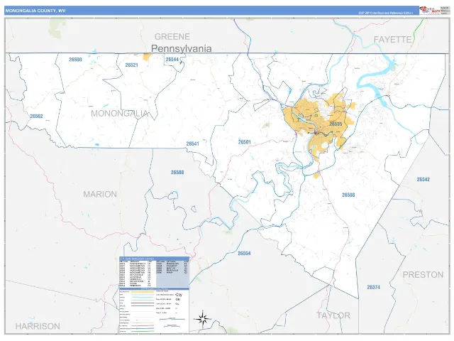 Monongalia County, WV ZIP Code Wall Map, Business Reference style
