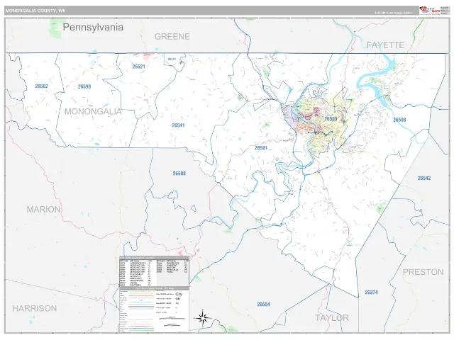 Monongalia County, WV ZIP Code Wall Map, Classic style