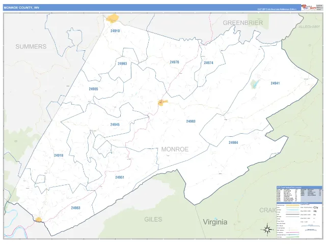Monroe County, WV ZIP Code Wall Map, Business Reference style