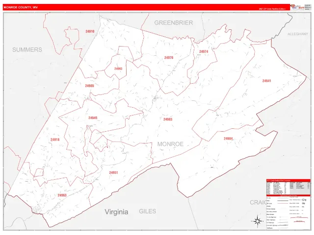 Monroe County, WV ZIP Code Wall Map, RedLine style