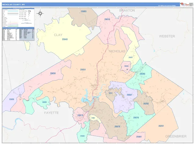 Nicholas County, WV ZIP Code Wall Map, ColorCast style