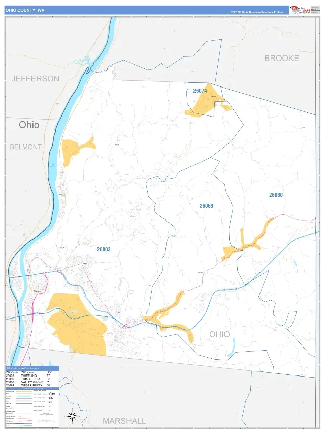 Ohio County, WV ZIP Code Wall Map, Business Reference style