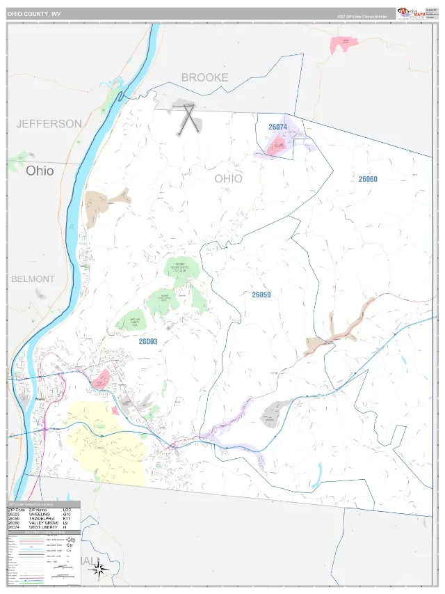 Ohio County, WV ZIP Code Wall Map, Classic style