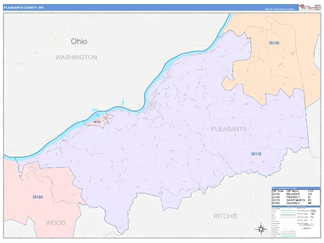 Pleasants County, WV ZIP Code Wall Map, ColorCast style