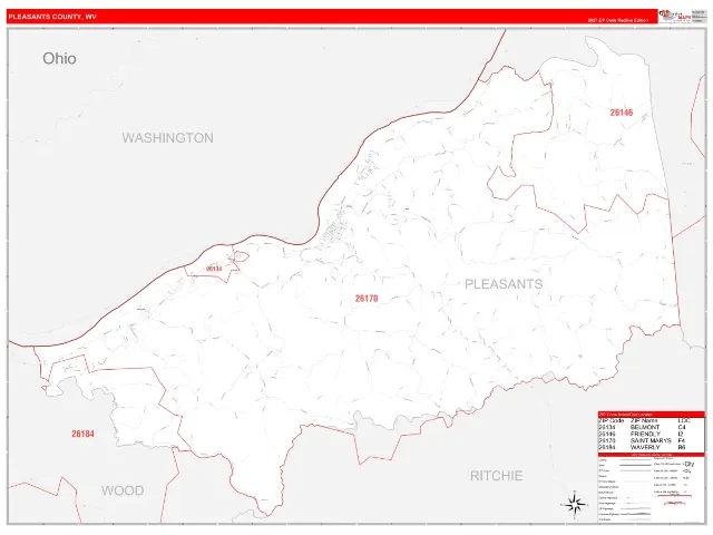 Pleasants County, WV ZIP Code Wall Map, RedLine style