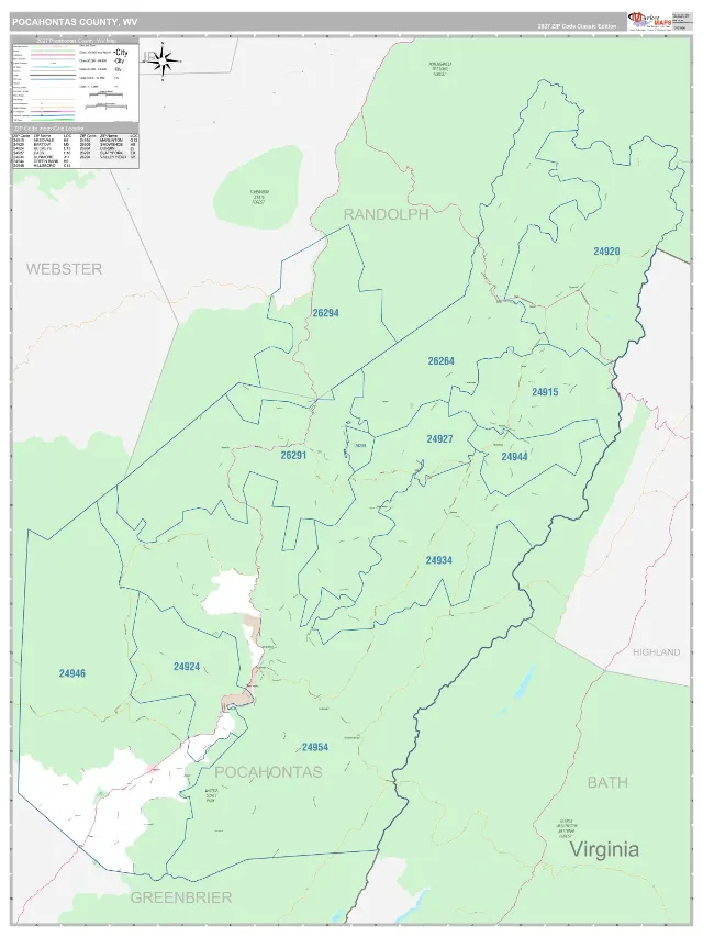 Pocahontas County, WV ZIP Code Wall Map, Classic style